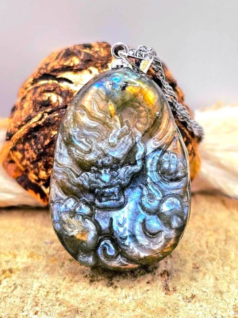 Natural Labradorite Carved Flying Dragon Pendant Necklace